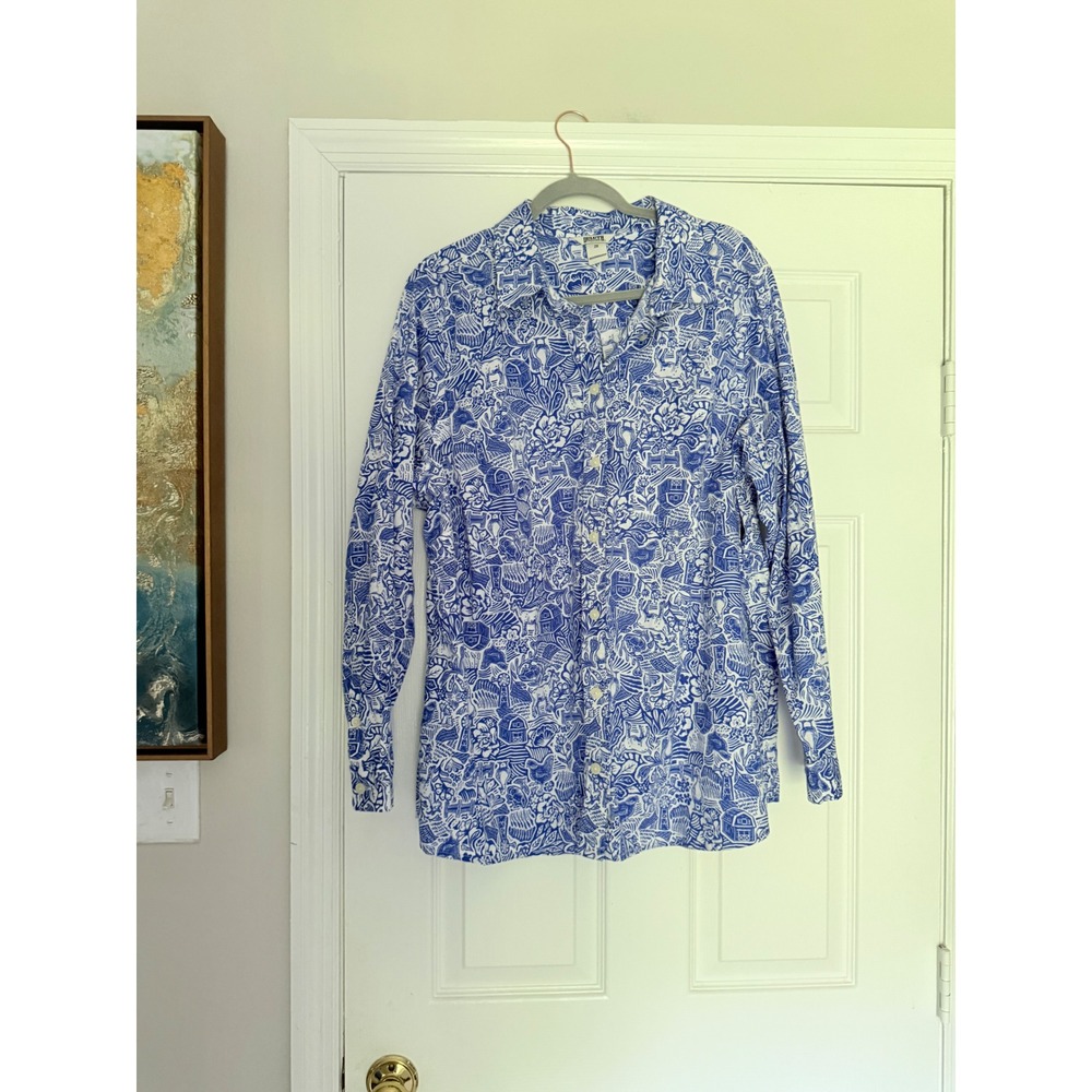 Duluth Trading Co 2X Blue White Farm Toile Button Down Shirt Cotton Cottagecore